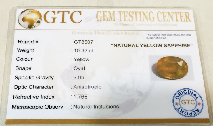10.92 ct/12.25 ratti Natural Certified Bangkok Pukhraj/Yellow Sapphire